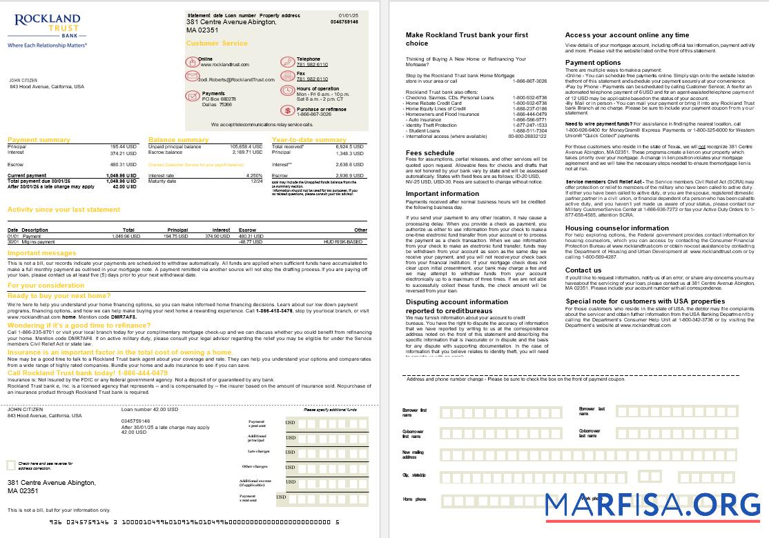 Blank USA Massachusetts Rockland Trust bank mortgage statement in Word and PDF formats, 2 pages example